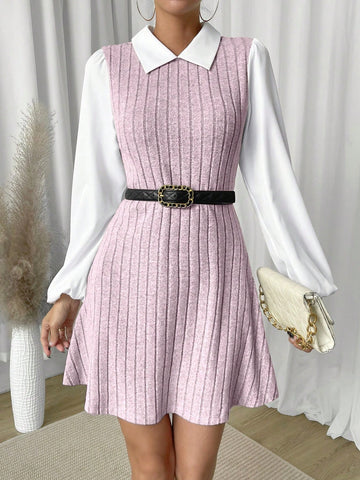 Women's Autumn Casual Colorblock Lantern Sleeve Dress