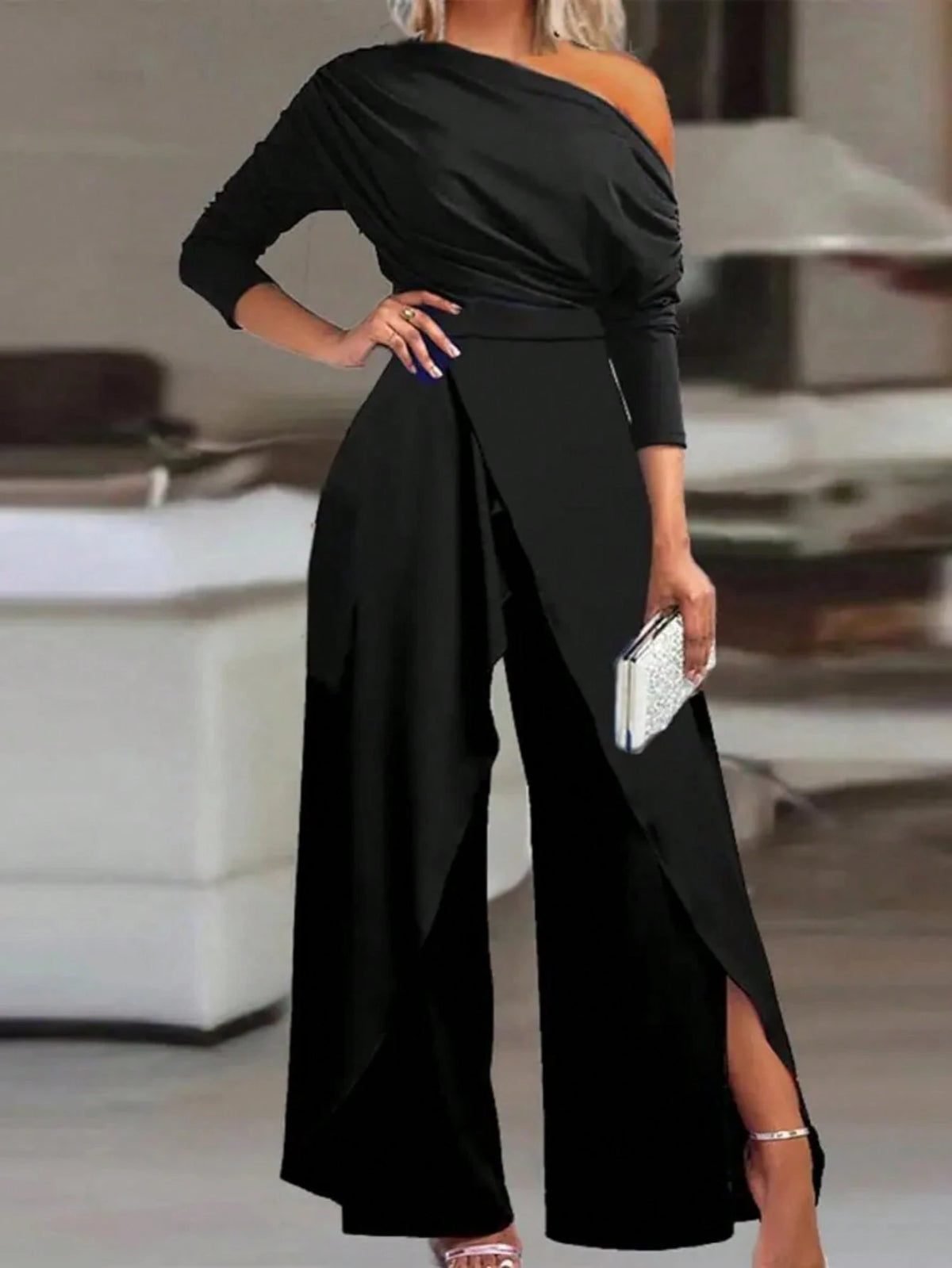 Women's Autumn Casual Minimalist Oblique Shoulder Slit Wide Leg Jumpsuit