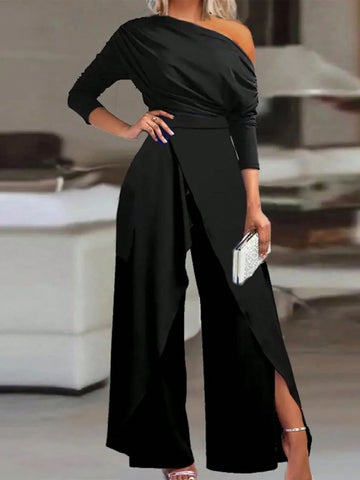 Women's Autumn Casual Minimalist Oblique Shoulder Slit Wide Leg Jumpsuit