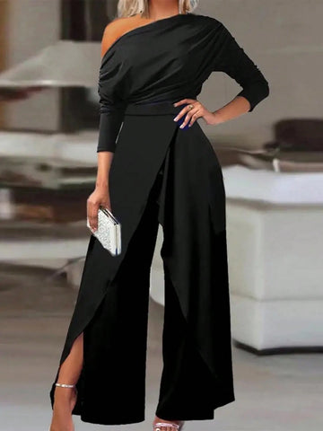 Women's Autumn Casual Minimalist Oblique Shoulder Slit Wide Leg Jumpsuit