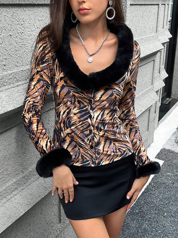 Essnce Women's Autumn Casual Patchwork Furry Trim Waist Cinching Shirt