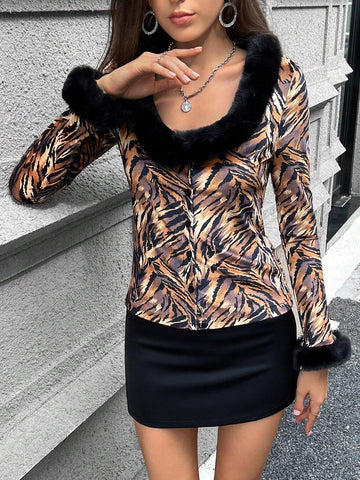 Essnce Women's Autumn Casual Patchwork Furry Trim Waist Cinching Shirt