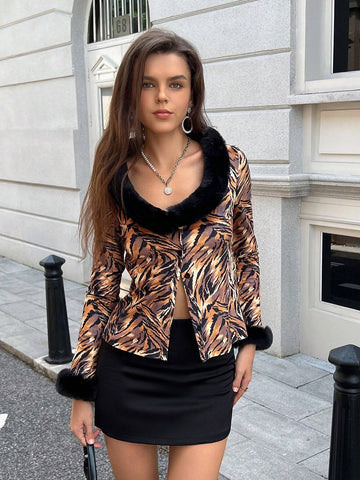 Essnce Women's Autumn Casual Patchwork Furry Trim Waist Cinching Shirt