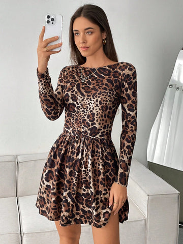 Women's Autumn Leopard Print Backless Tie-Up Fashion Mini Dress