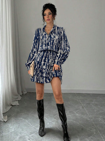 Women's Autumn Stand Collar Buckle Waist Lantern Sleeve Ruffle Trim Short Dress