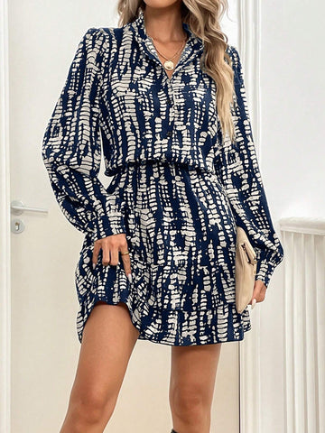 Women's Autumn Stand Collar Buckle Waist Lantern Sleeve Ruffle Trim Short Dress