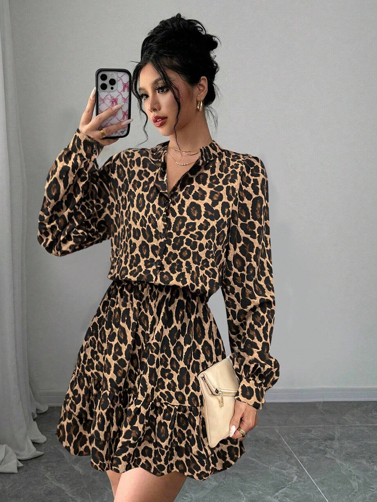 Women's Autumn Stand Collar Cardigan Tie-Waist Lantern Sleeve Ruffle Hem Short Dress