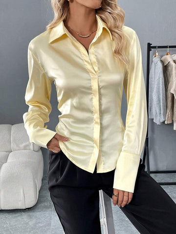 Essnce Women's Back Button Closure Slim Fit Accentuate Waistline Long Sleeve Smooth Silk Blouse