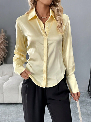 Essnce Women's Back Button Closure Slim Fit Accentuate Waistline Long Sleeve Smooth Silk Blouse
