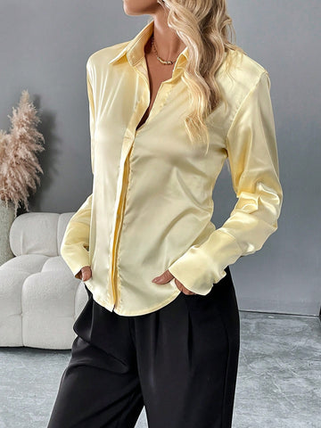 Essnce Women's Back Button Closure Slim Fit Accentuate Waistline Long Sleeve Smooth Silk Blouse