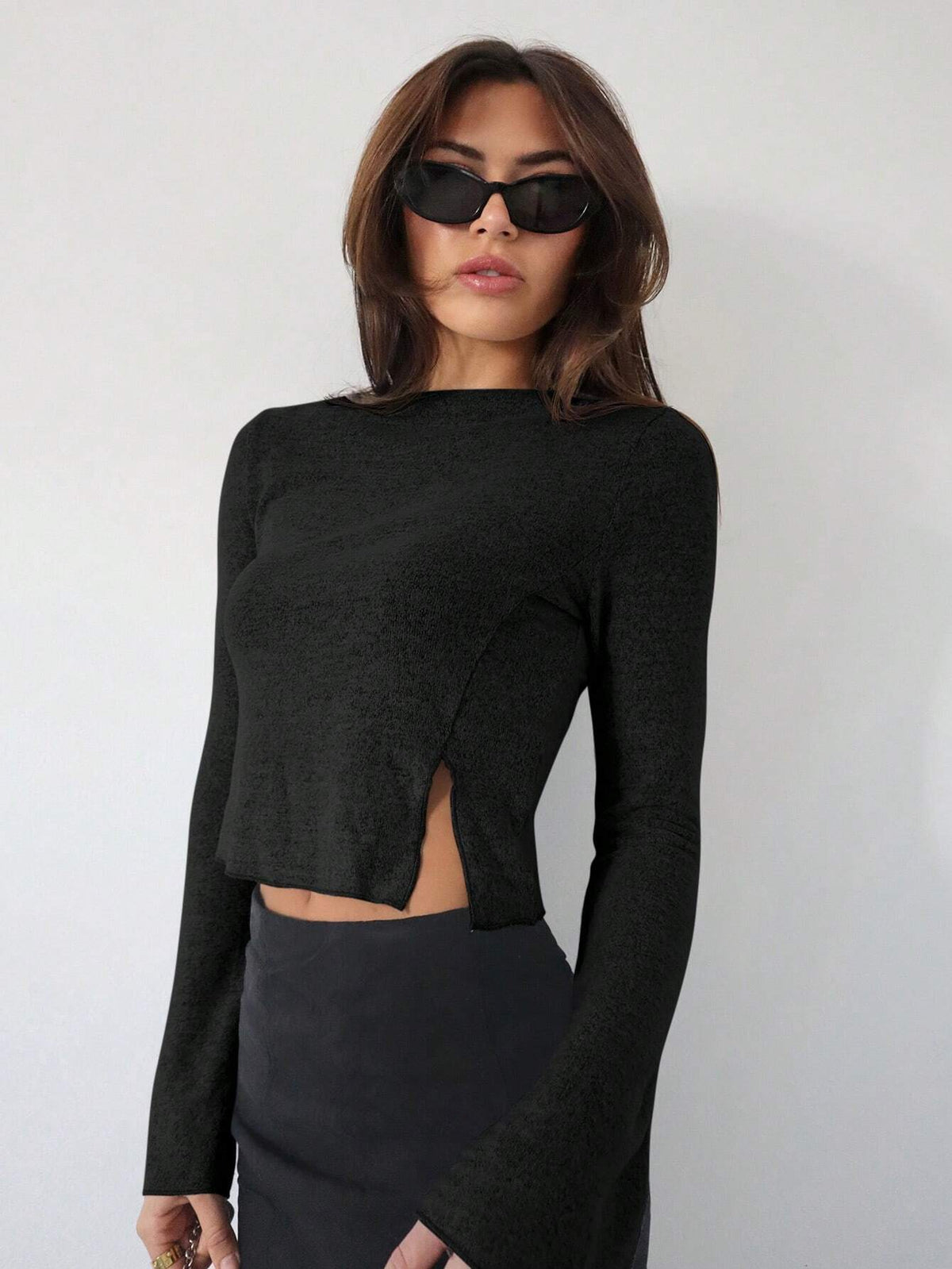 Women's Back To School Shirts Fitted Shirt Grey Ribbed Knit Asymmetrical Split Hem Bell Sleeve