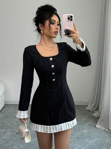 Women's Black White Patchwork Wide Strap Front Button Casual Long Sleeve Dress