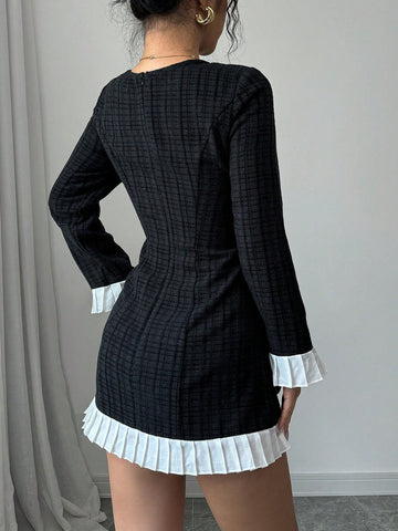 Women's Black White Patchwork Wide Strap Front Button Casual Long Sleeve Dress