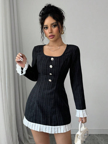 Women's Black White Patchwork Wide Strap Front Button Casual Long Sleeve Dress