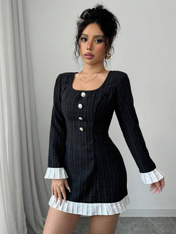 Women's Black White Patchwork Wide Strap Front Button Casual Long Sleeve Dress