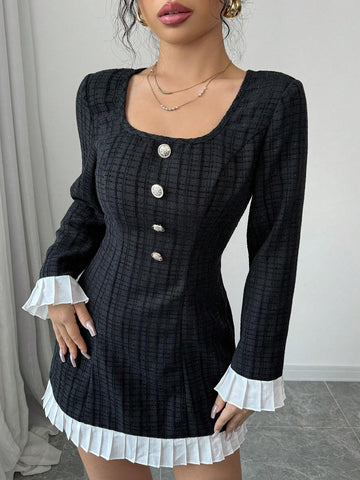 Women's Black White Patchwork Wide Strap Front Button Casual Long Sleeve Dress
