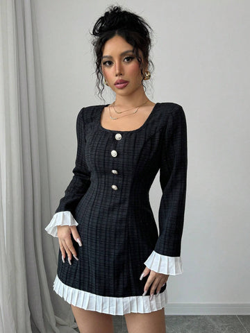 Women's Black White Patchwork Wide Strap Front Button Casual Long Sleeve Dress