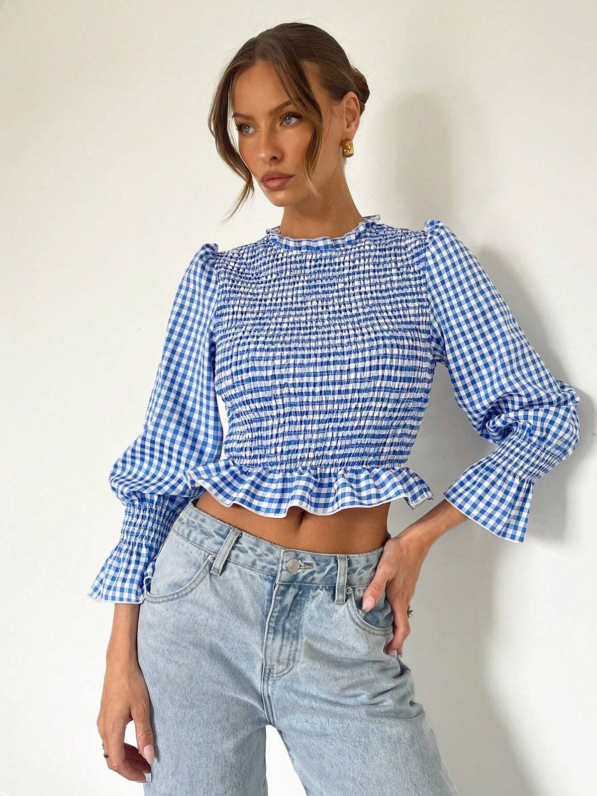 Essnce Women's Blue And White Plaid Pullover Shirt