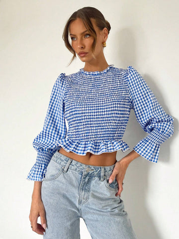 Essnce Women's Blue And White Plaid Pullover Shirt