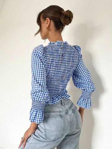 Essnce Women's Blue And White Plaid Pullover Shirt