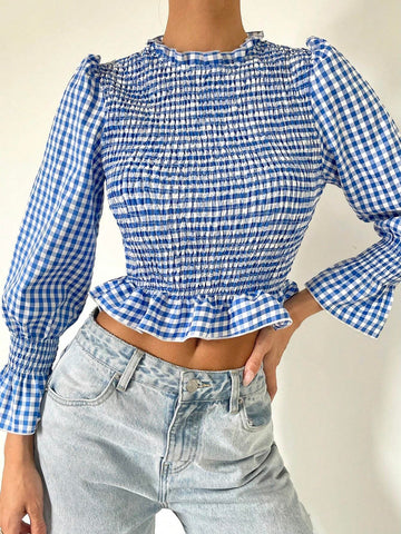 Essnce Women's Blue And White Plaid Pullover Shirt