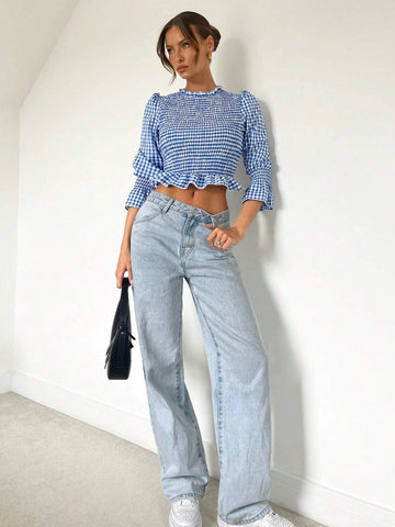 Essnce Women's Blue And White Plaid Pullover Shirt