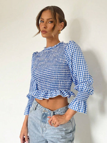 Essnce Women's Blue And White Plaid Pullover Shirt