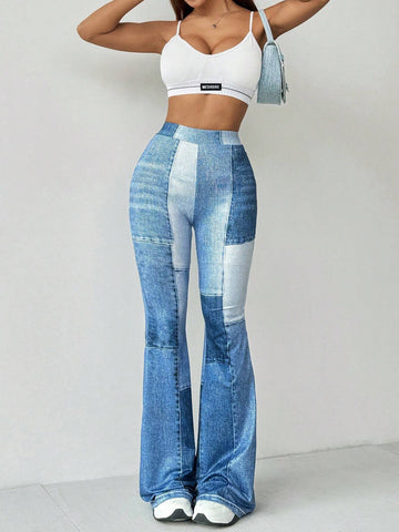 Essnce Women's Blue Printed Athletic Leisure Pants With Denim Look, Spring/Summer
