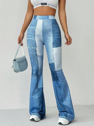 Essnce Women's Blue Printed Athletic Leisure Pants With Denim Look, Spring/Summer