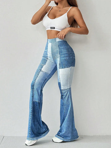 Essnce Women's Blue Printed Athletic Leisure Pants With Denim Look, Spring/Summer