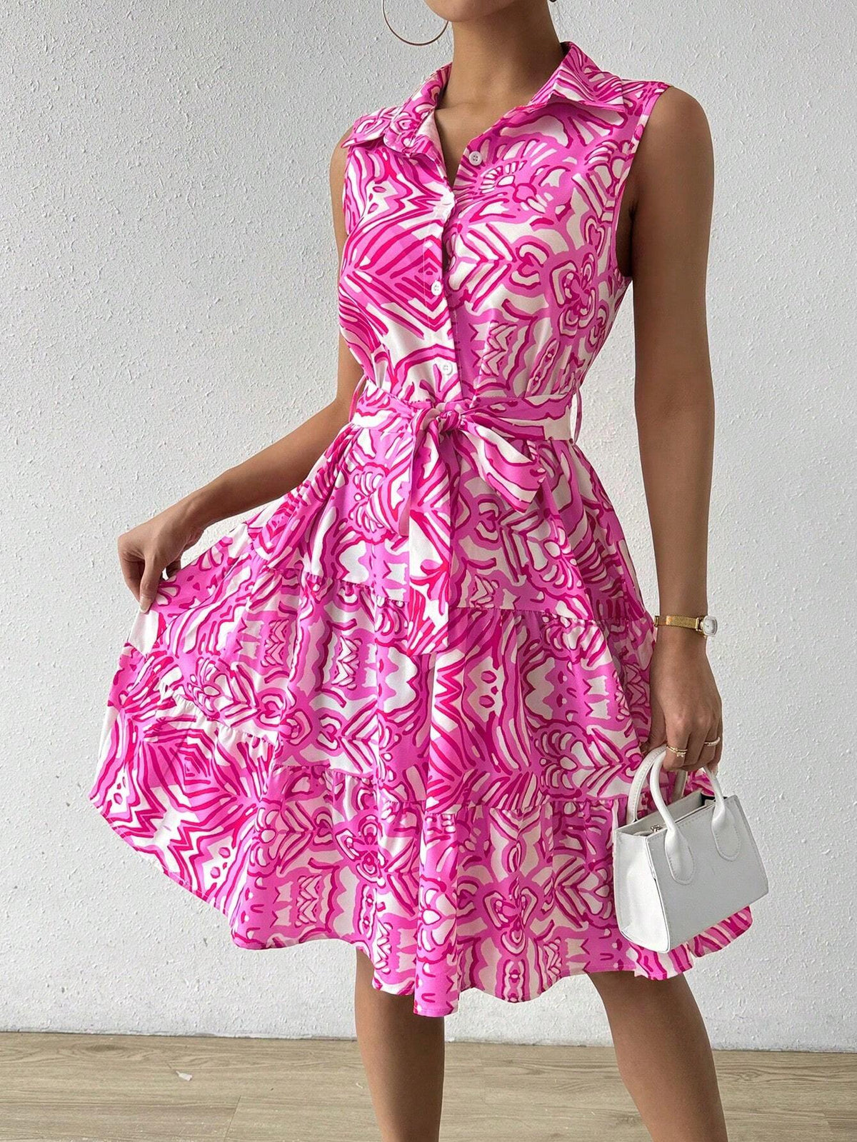 Women's Button Front Sleeveless Ruffle Hem Allover Print Dress