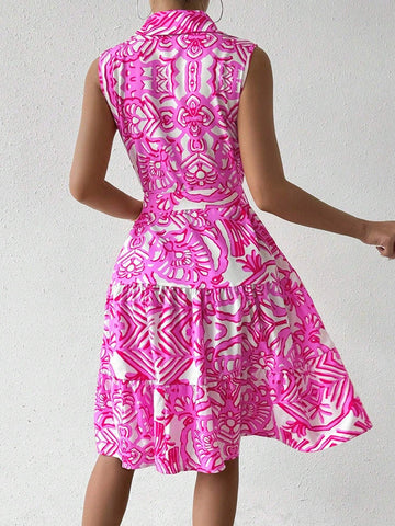 Women's Button Front Sleeveless Ruffle Hem Allover Print Dress
