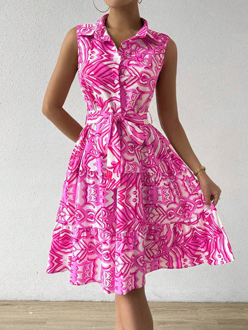 Women's Button Front Sleeveless Ruffle Hem Allover Print Dress