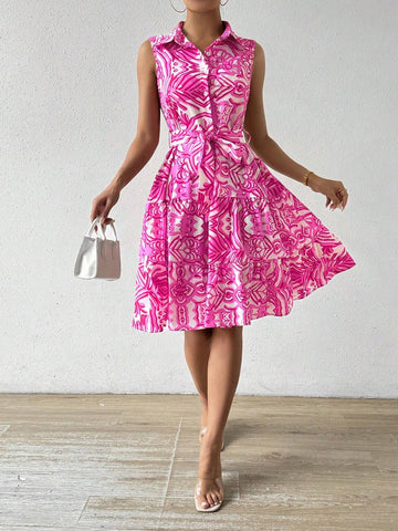 Women's Button Front Sleeveless Ruffle Hem Allover Print Dress