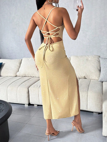 Women's Cami Back Tie High Slit Dress