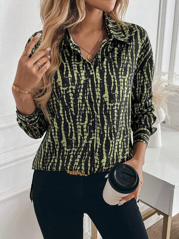 Essnce Women's Casual Allover Allover Print Long Sleeve Blouse, Fashionable Commuter & Outdoor Wear, Spring Autumn SKU: sz2406258934