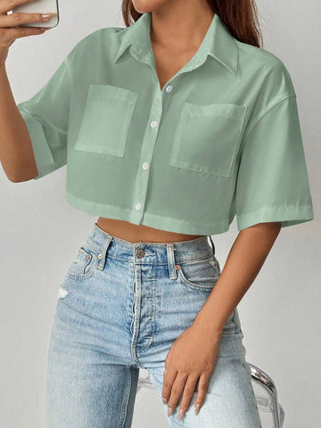 Essnce Women's Casual Button Down Short Sleeve Dolman Top With Pockets, Summer