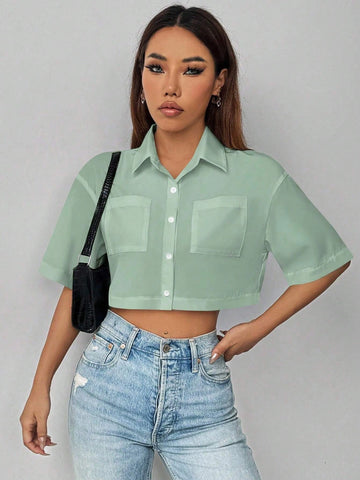 Essnce Women's Casual Button Down Short Sleeve Dolman Top With Pockets, Summer