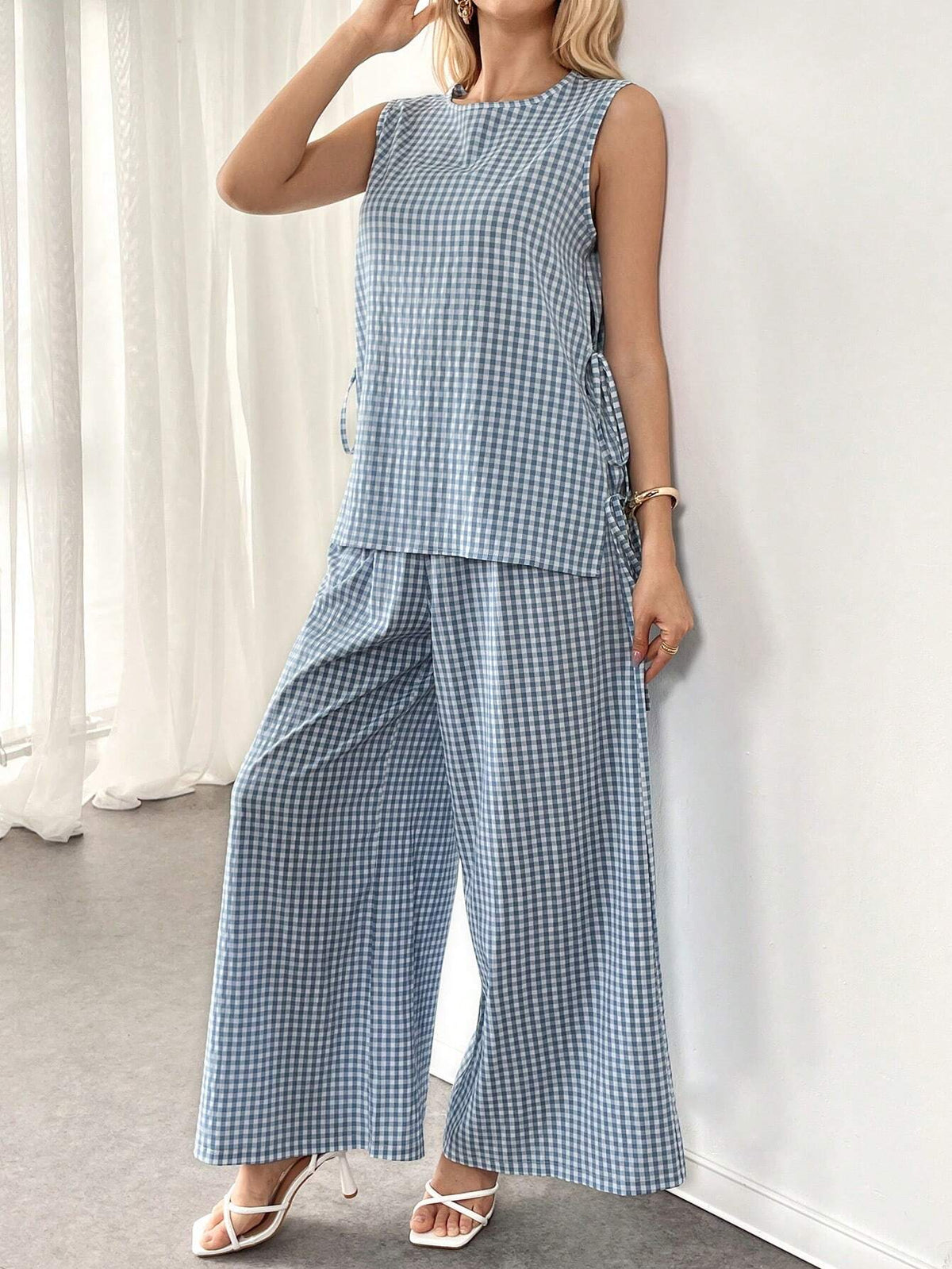 Women's Summer Sleeveless Artistic Pleated Cami Top And Wide Leg Casual Pants Set, Black