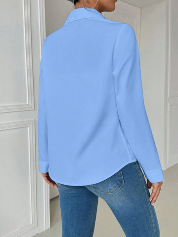Essnce Women's Casual Collared Pocket Detail Slim Fit Long Sleeve White Shirt