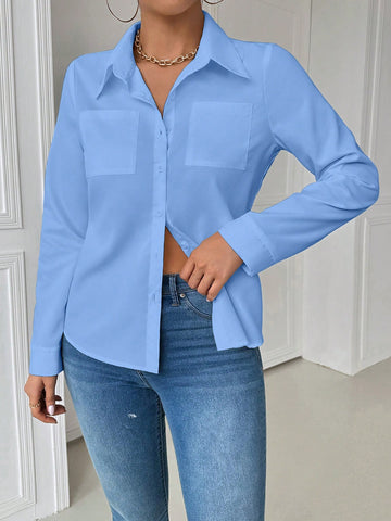 Essnce Women's Casual Collared Pocket Detail Slim Fit Long Sleeve White Shirt