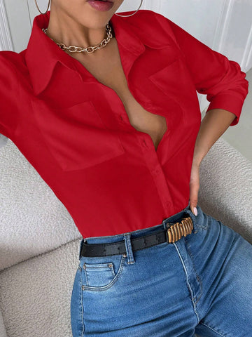 Essnce Women's Casual Collared Pocket Fitted White Long Sleeve Blouse