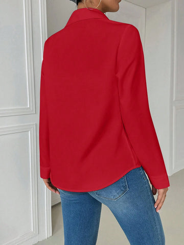 Essnce Women's Casual Collared Pocket Fitted White Long Sleeve Blouse