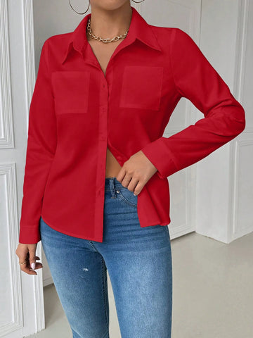 Essnce Women's Casual Collared Pocket Fitted White Long Sleeve Blouse