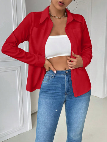 Essnce Women's Casual Collared Pocket Fitted White Long Sleeve Blouse