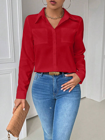 Essnce Women's Casual Collared Pocket Fitted White Long Sleeve Blouse