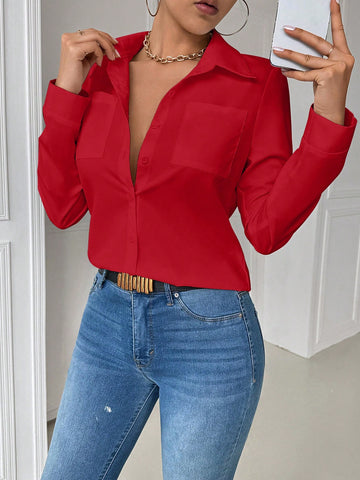 Essnce Women's Casual Collared Pocket Fitted White Long Sleeve Blouse