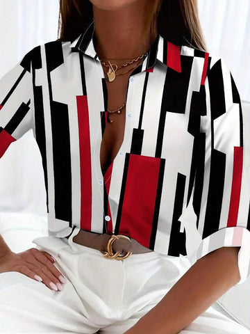 Essnce Women's Casual Colorblock & Geometric Print Shirt, Spring & Autumn