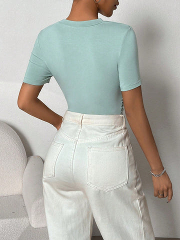 Women's Casual Curved Front Cutout And Waist Pleats Mint Green Bodysuit For Summer
