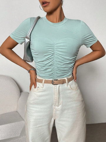 Women's Casual Curved Front Cutout And Waist Pleats Mint Green Bodysuit For Summer
